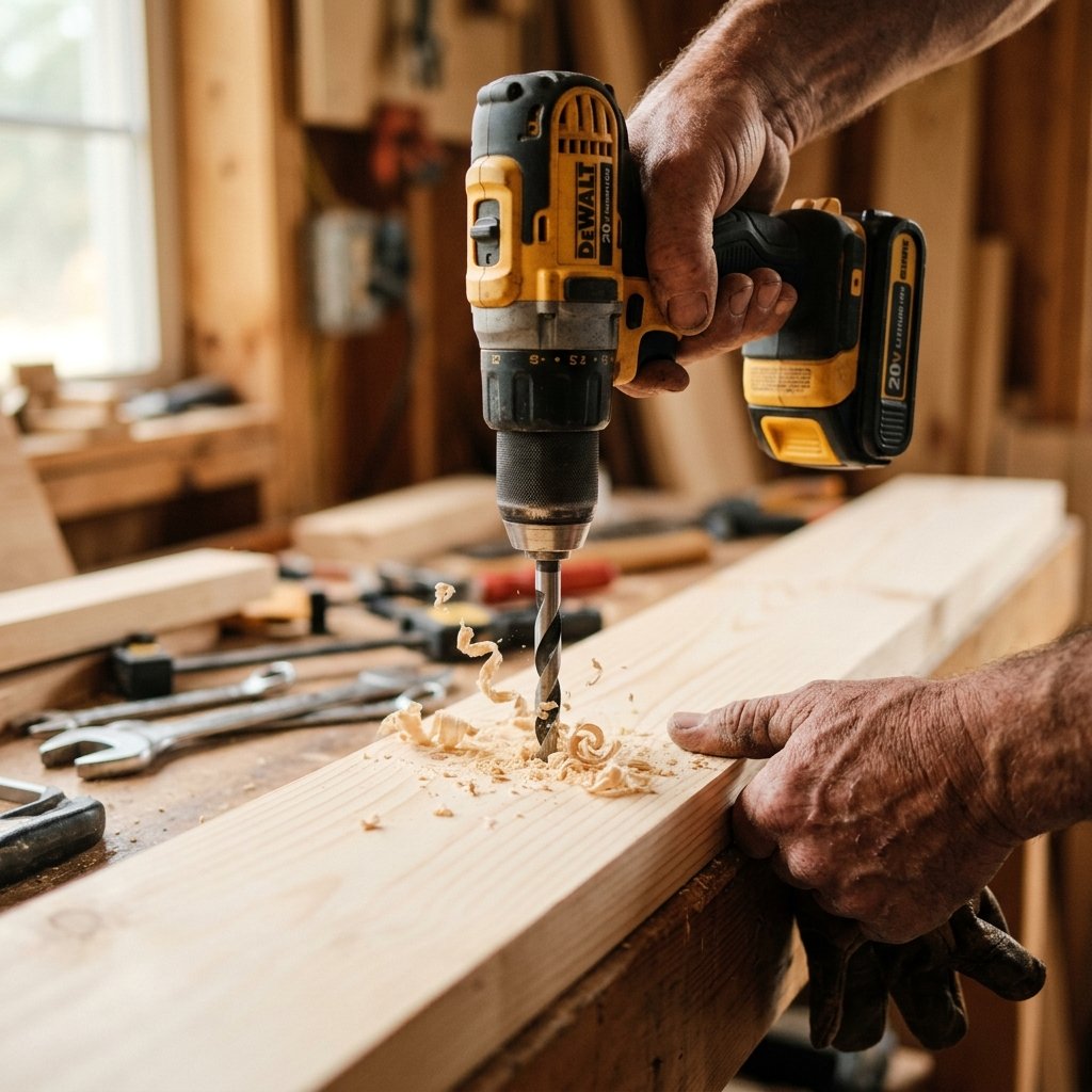 Handyman drilling wood close up