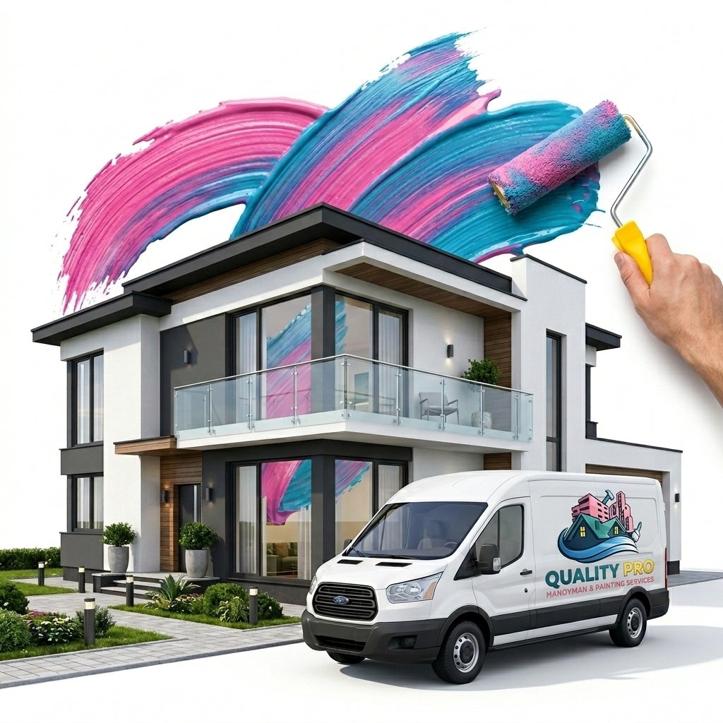 Premium modern house with branded service van and paint stroke graphic representation